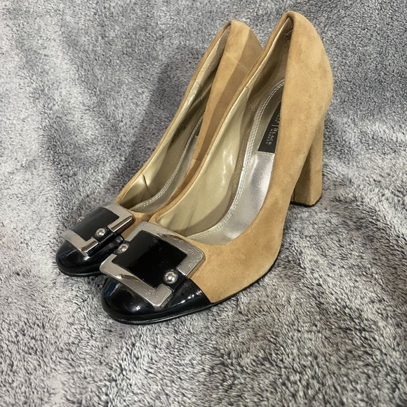 White House Black Market Women’s Theo Camel Tan Suede Color Block Heel Size 7M - Picture 4 of 8